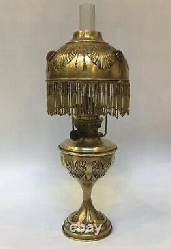 Antique French Oil Lamp Jewelled Hand Embossed Brass Fringed Lampshade