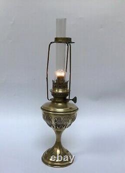 Antique French Oil Lamp Jewelled Hand Embossed Brass Fringed Lampshade