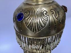 Antique French Oil Lamp Jewelled Hand Embossed Brass Fringed Lampshade