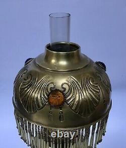 Antique French Oil Lamp Jewelled Hand Embossed Brass Fringed Lampshade