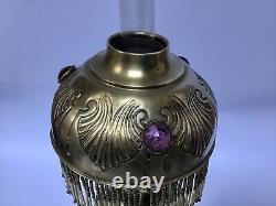 Antique French Oil Lamp Jewelled Hand Embossed Brass Fringed Lampshade