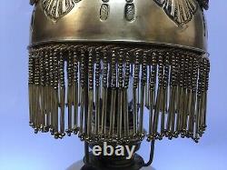 Antique French Oil Lamp Jewelled Hand Embossed Brass Fringed Lampshade