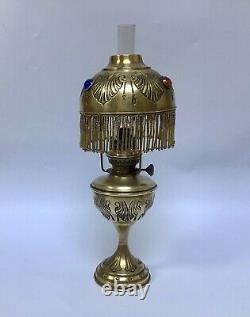 Antique French Oil Lamp Jewelled Hand Embossed Brass Fringed Lampshade