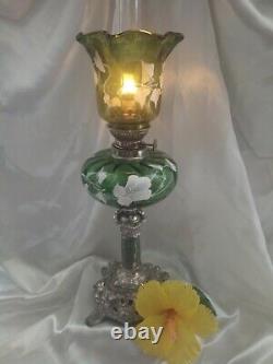 Antique French Oil Lamp Kerosene Green Glass Marble Gone With The Wind Shade