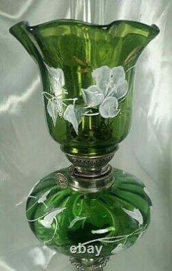Antique French Oil Lamp Kerosene Green Glass Marble Gone With The Wind Shade