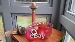 Antique French Red Marble Oil Lamp Base Cranberry cut glass font and shade