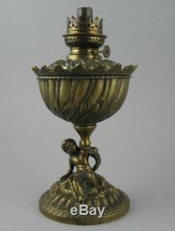Antique French Rococo Style Relief Cast Brass Figural Putti Oil Lamp Gaudard