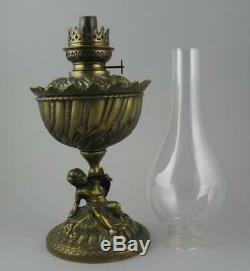 Antique French Rococo Style Relief Cast Brass Figural Putti Oil Lamp Gaudard