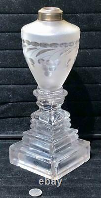 Antique Frosted Glass Blown + Engraved Grapes Font Whale Oil Lamp, Stepped Base
