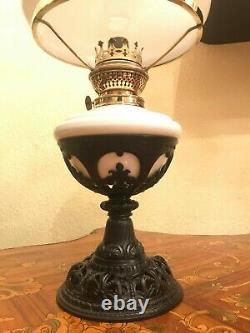 Antique GORGEOUS Beautiful Black Metal White Glass Kerosene Oil Lamp