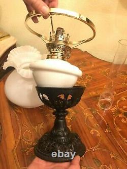 Antique GORGEOUS Beautiful Black Metal White Glass Kerosene Oil Lamp