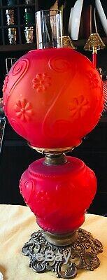 Antique GWTW Cerise Satin Glass Kerosene Oil Lamp with M. B. Co. Burner 1883