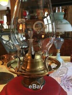 Antique GWTW Cerise Satin Glass Kerosene Oil Lamp with M. B. Co. Burner 1883