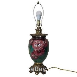 Antique GWTW Electrified Oil Lamp Hand Painted Glass & Brass 2 Circuit New Wire