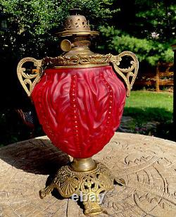 Antique GWTW Gone with the Wind Oil Parlor Banquet Lamp Red Satin Glass Base