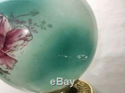 Antique GWTW Hand Painted Green Milk Glass Oil Lamp with WILD ROSES23.5 tall