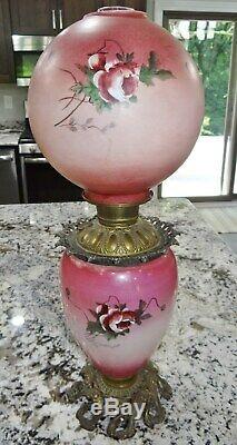 Antique GWTW Kerosene Oil Parlor Banquet Table Lamp Hand Painted Floral Rose