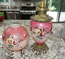 Antique GWTW Kerosene Oil Parlor Banquet Table Lamp Hand Painted Floral Rose