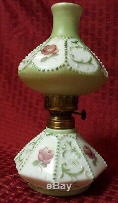 Antique GWTW Miniature Oil Lamp Milk Glass Painted Roses & Trim