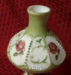 Antique GWTW Miniature Oil Lamp Milk Glass Painted Roses & Trim