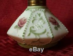 Antique GWTW Miniature Oil Lamp Milk Glass Painted Roses & Trim