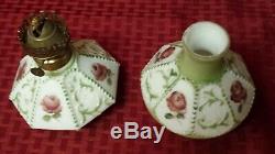 Antique GWTW Miniature Oil Lamp Milk Glass Painted Roses & Trim