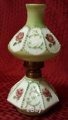 Antique GWTW Miniature Oil Lamp Milk Glass Painted Roses & Trim