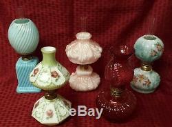 Antique GWTW Miniature Oil Lamp Milk Glass Painted Roses & Trim