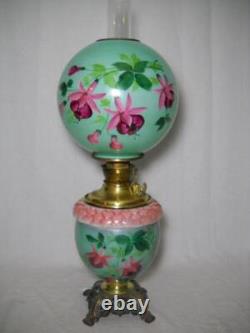 Antique GWTW Oil Lamp Hand Painted Fuchsia and Embossed Design 27 1/2 Gorgeous
