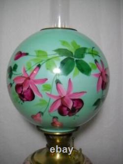 Antique GWTW Oil Lamp Hand Painted Fuchsia and Embossed Design 27 1/2 Gorgeous