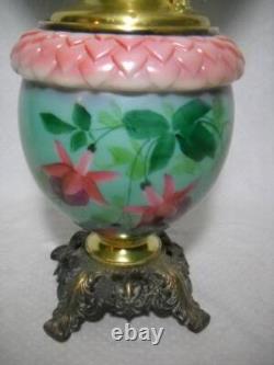 Antique GWTW Oil Lamp Hand Painted Fuchsia and Embossed Design 27 1/2 Gorgeous