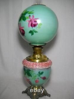 Antique GWTW Oil Lamp Hand Painted Fuchsia and Embossed Design 27 1/2 Gorgeous