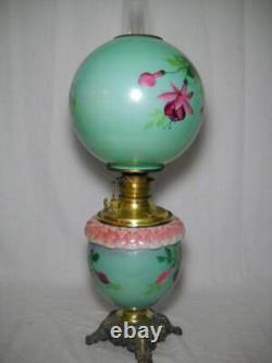 Antique GWTW Oil Lamp Hand Painted Fuchsia and Embossed Design 27 1/2 Gorgeous