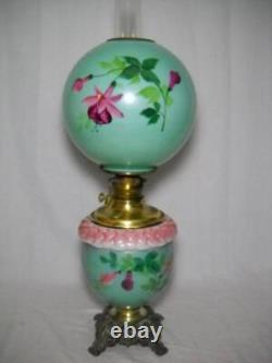 Antique GWTW Oil Lamp Hand Painted Fuchsia and Embossed Design 27 1/2 Gorgeous
