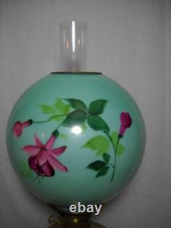 Antique GWTW Oil Lamp Hand Painted Fuchsia and Embossed Design 27 1/2 Gorgeous