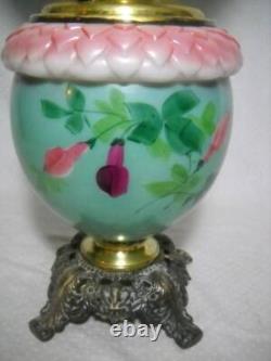 Antique GWTW Oil Lamp Hand Painted Fuchsia and Embossed Design 27 1/2 Gorgeous