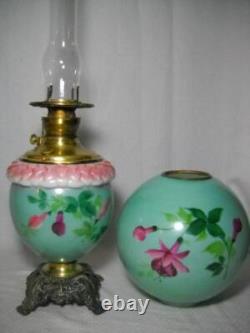 Antique GWTW Oil Lamp Hand Painted Fuchsia and Embossed Design 27 1/2 Gorgeous
