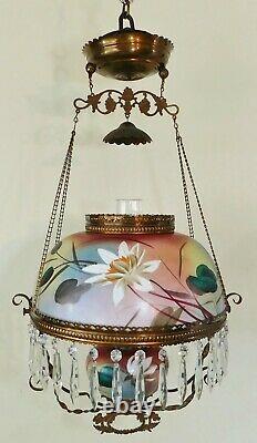 Antique GWTW RAINBOW Crystal Prism Hanging Parlor Library Oil Lamp Chandelier