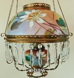 Antique GWTW RAINBOW Crystal Prism Hanging Parlor Library Oil Lamp Chandelier