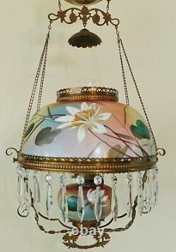 Antique GWTW RAINBOW Crystal Prism Hanging Parlor Library Oil Lamp Chandelier