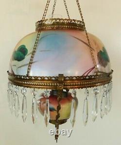 Antique GWTW RAINBOW Crystal Prism Hanging Parlor Library Oil Lamp Chandelier