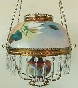 Antique GWTW RAINBOW Crystal Prism Hanging Parlor Library Oil Lamp Chandelier