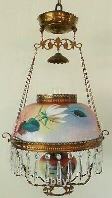 Antique GWTW RAINBOW Crystal Prism Hanging Parlor Library Oil Lamp Chandelier