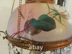Antique GWTW RAINBOW Crystal Prism Hanging Parlor Library Oil Lamp Chandelier