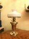 Antique German Brass Kerosene Oil Lamp w. Antique Glass Shade