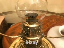 Antique German Brass Kerosene Oil Lamp w. Antique Glass Shade