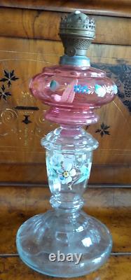 Antique German Brenner Glass Oil Lamp Cranberry And Clear Handblown
