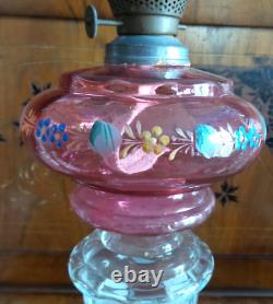 Antique German Brenner Glass Oil Lamp Cranberry And Clear Handblown