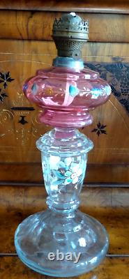 Antique German Brenner Glass Oil Lamp Cranberry And Clear Handblown