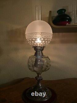 Antique German Kerosene Oil Lamp Stobwasser Burner Crystal Glass Lions Heads